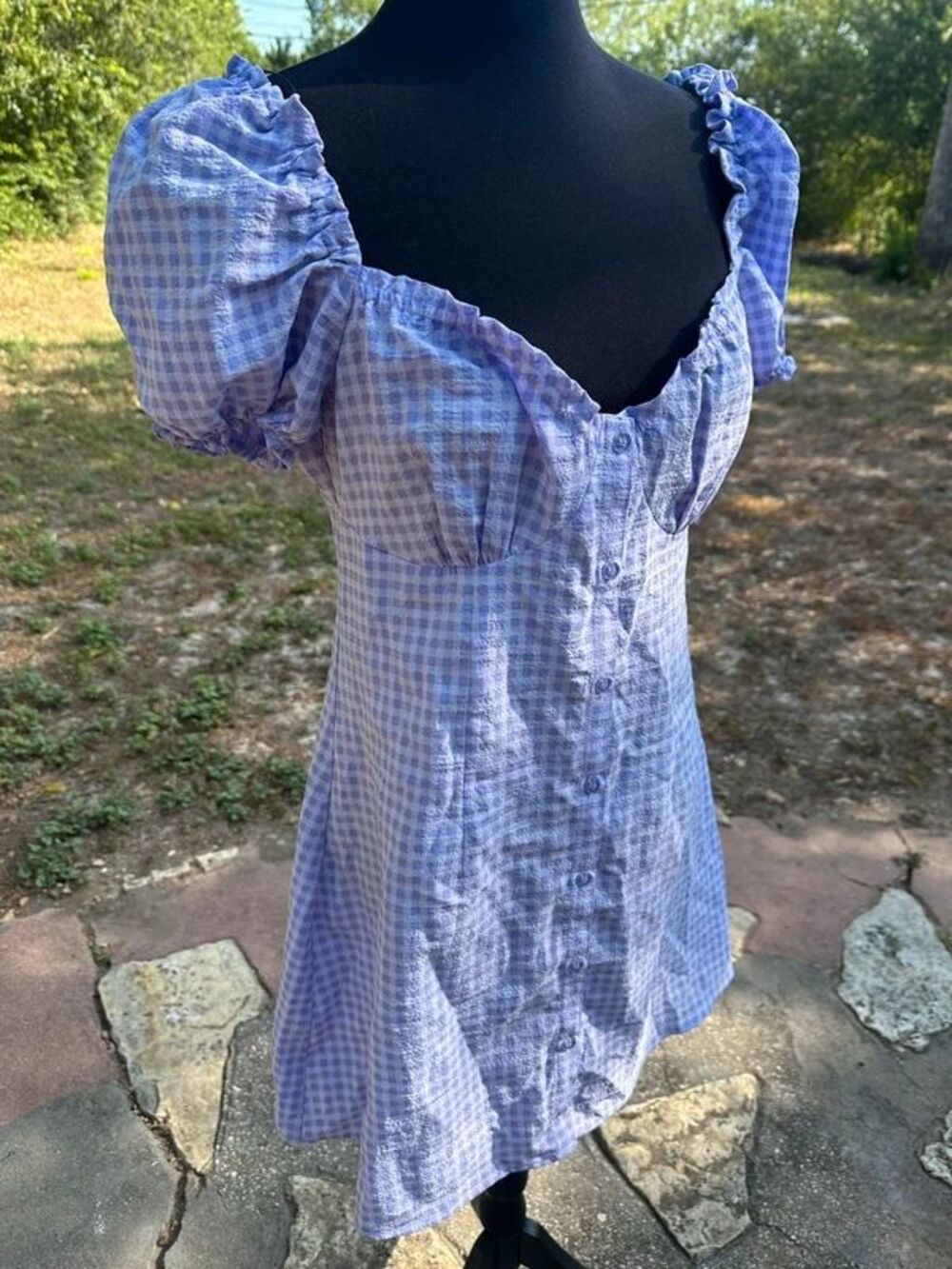 H&M Divided Lilac White Gingham Pattern Short Sleeve Button Front Mini Sundress